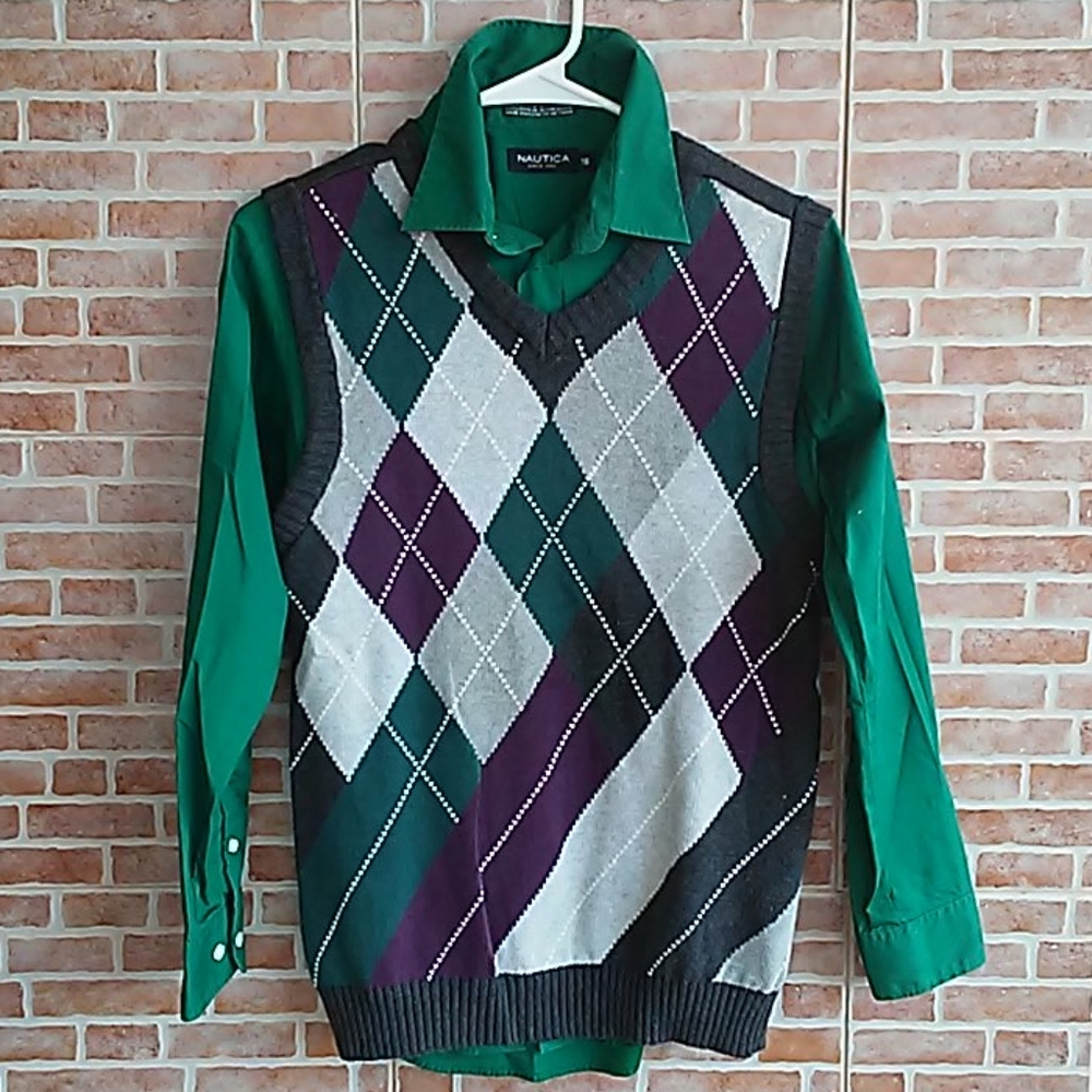 Grey vest has purple, green and light grey